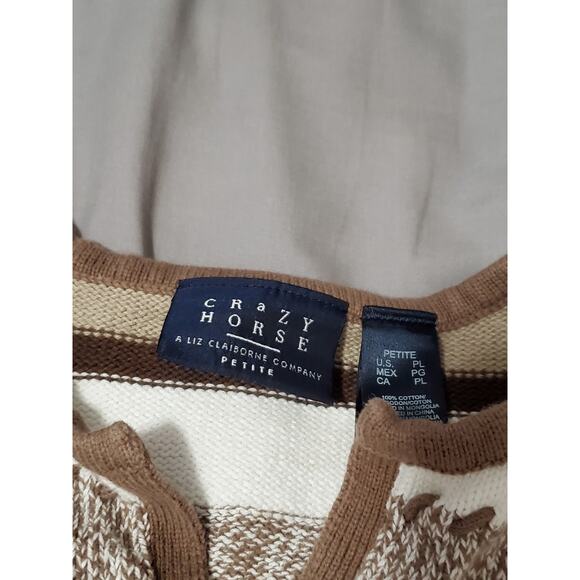 Crazy Horse by Liz Claiborne Women’s Petite MD Sweater Brown Beige Striped V-Nec - Picture 3 of 11